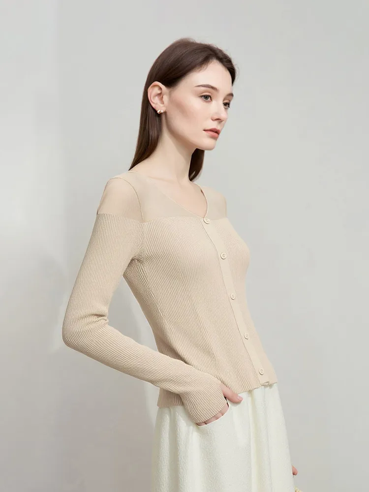 

Женский свитер Amii 2026: Новинка Весны, V-образный вырез, сетчатые вставки, отделка из органзы, вязаный топ, приталенный крой, длинный рукав, пуловер, трикотаж 12621103