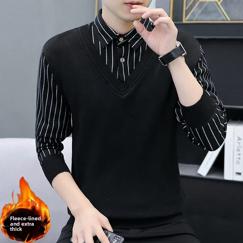 Hot Sale Of The Season New Long Sleeve Fleece Lined Men's Knitted Base Shirt Casual Autumn Winter Dad Clothes Polyester Fiber...