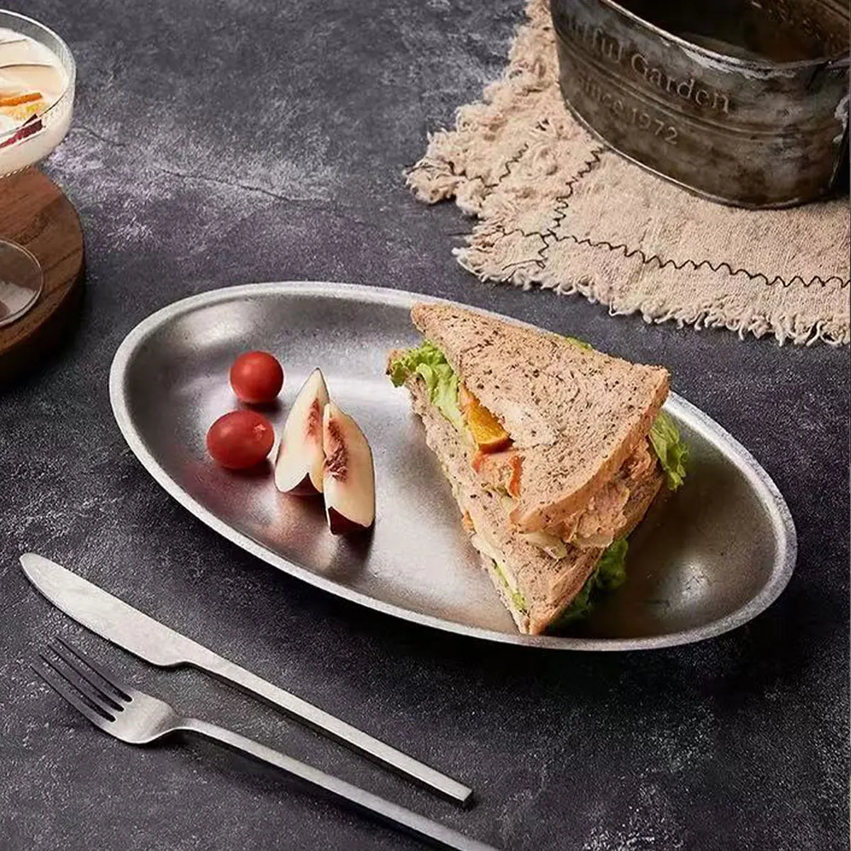 30cm American retro oval plate stainless steel plate 304 fish plate industrial style tableware western food plate snack plate 1pcs