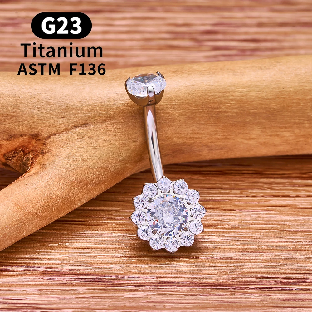 ASTM F136 G23 Titanium PIERC Flower Belly Button Ring 14G with Zircon Opal Internal Thread Navel Ring Body Piercing Jewelry