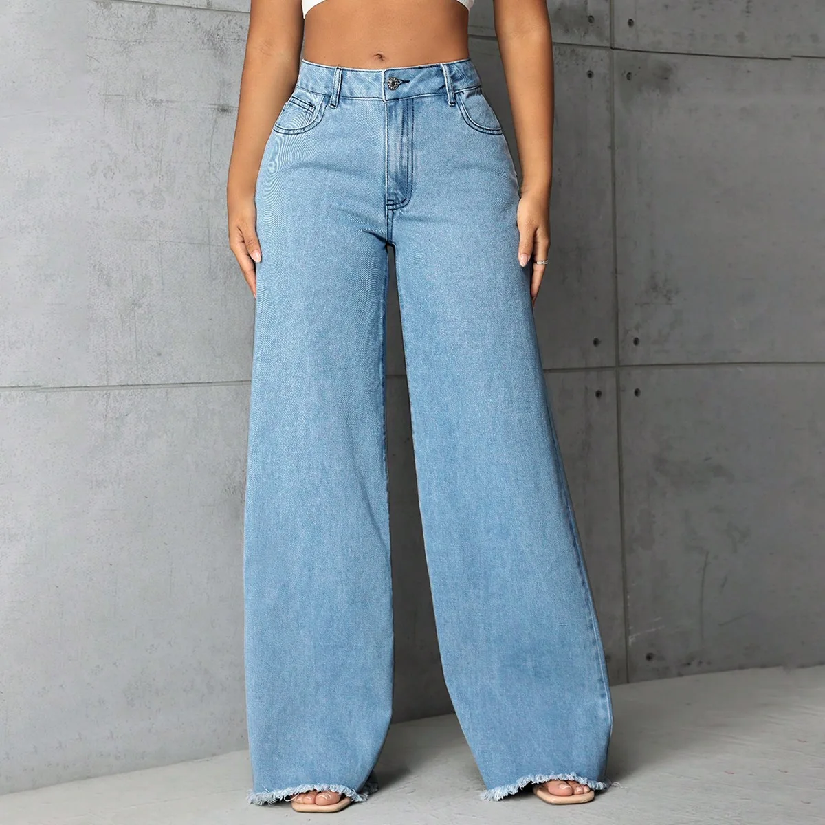 

Solid Wide Leg Pants Women Clothing Low Mid Waist Jean Straight Denim Pants Basics Washed Jeans Loose Fit Zipper Fly Pockets