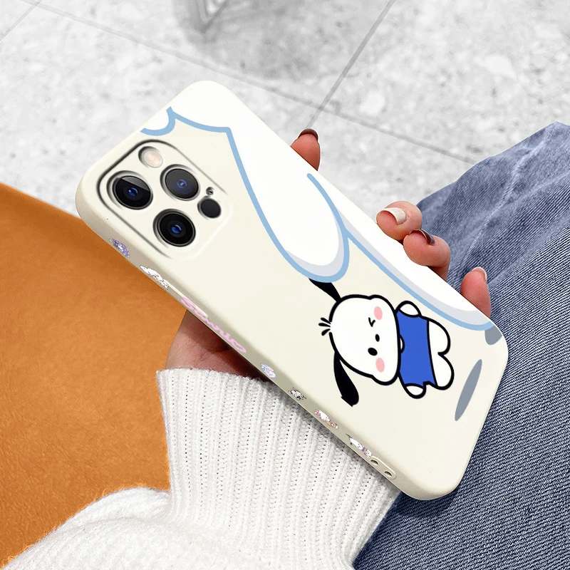 Pacha Dog Sanrio Cartoon Cute Liquid Left Rope For Apple iPhone 15 14 13 12 11 XS XR X 8 7 SE Pro Max Plus Mini Soft Phone Case