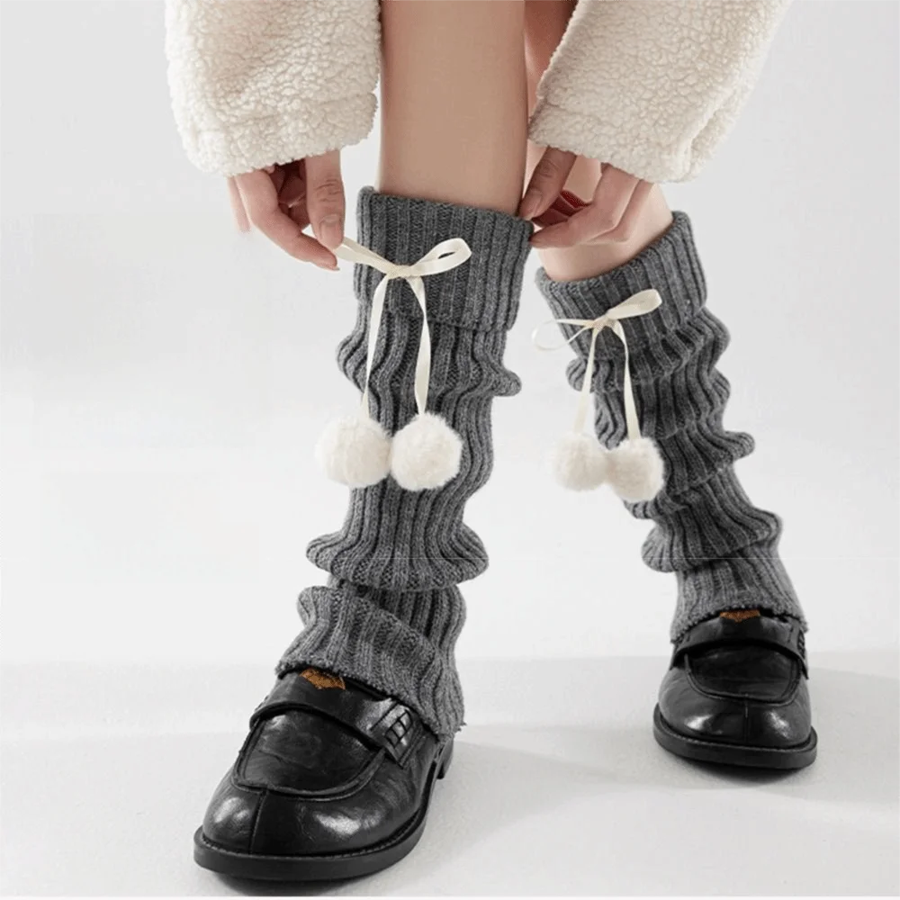 Fashion Solid Color Knitted Leg Warmers Bowknot Thickened Thermal Foot Covers Hairball Non-slip Women's Mid-Calf Sock Winter