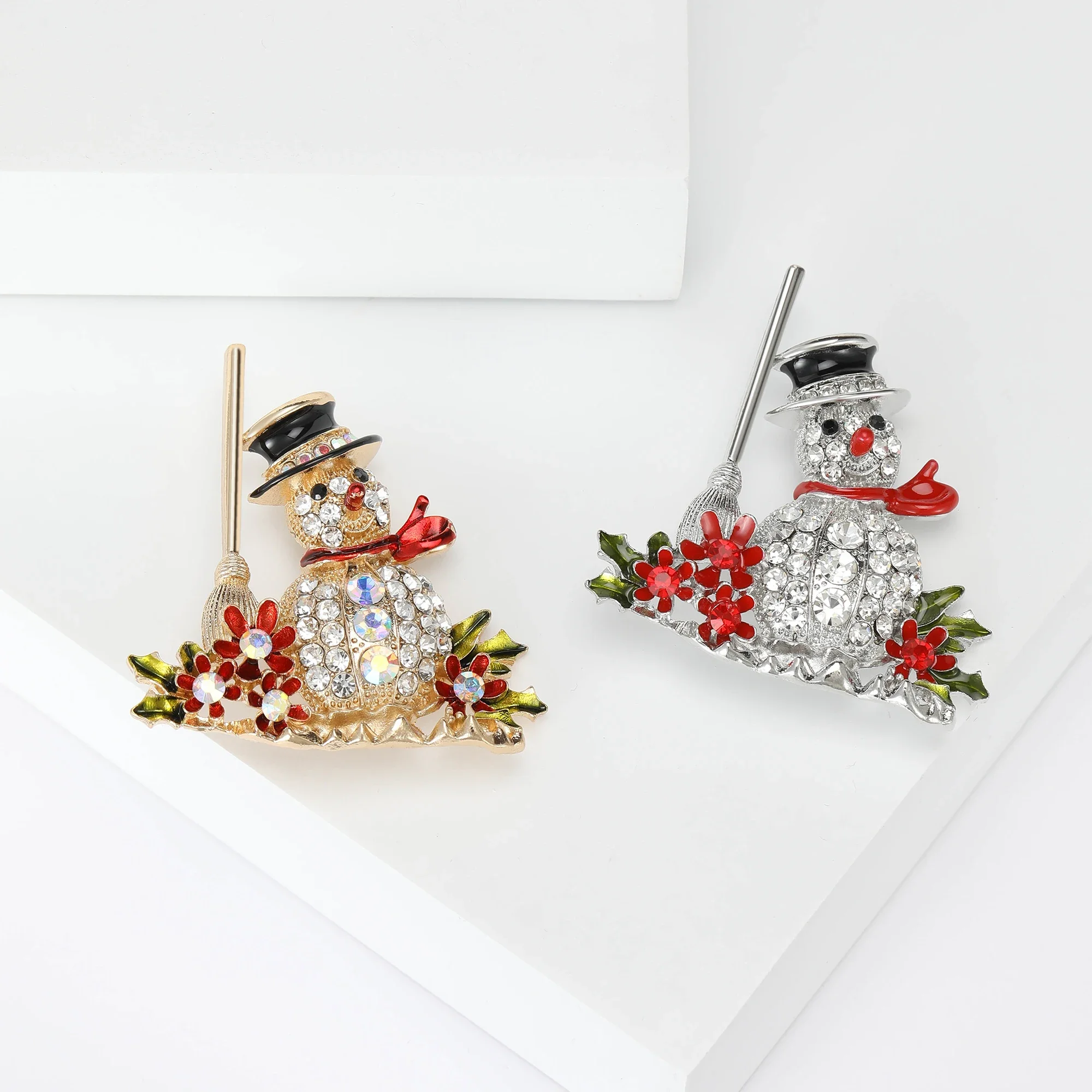 Rhinestone Snowman Brooches for Women Unisex Enamel Broomstick Pin Santa Hat Lapel Pins Office Party Friend Gifts Accessories