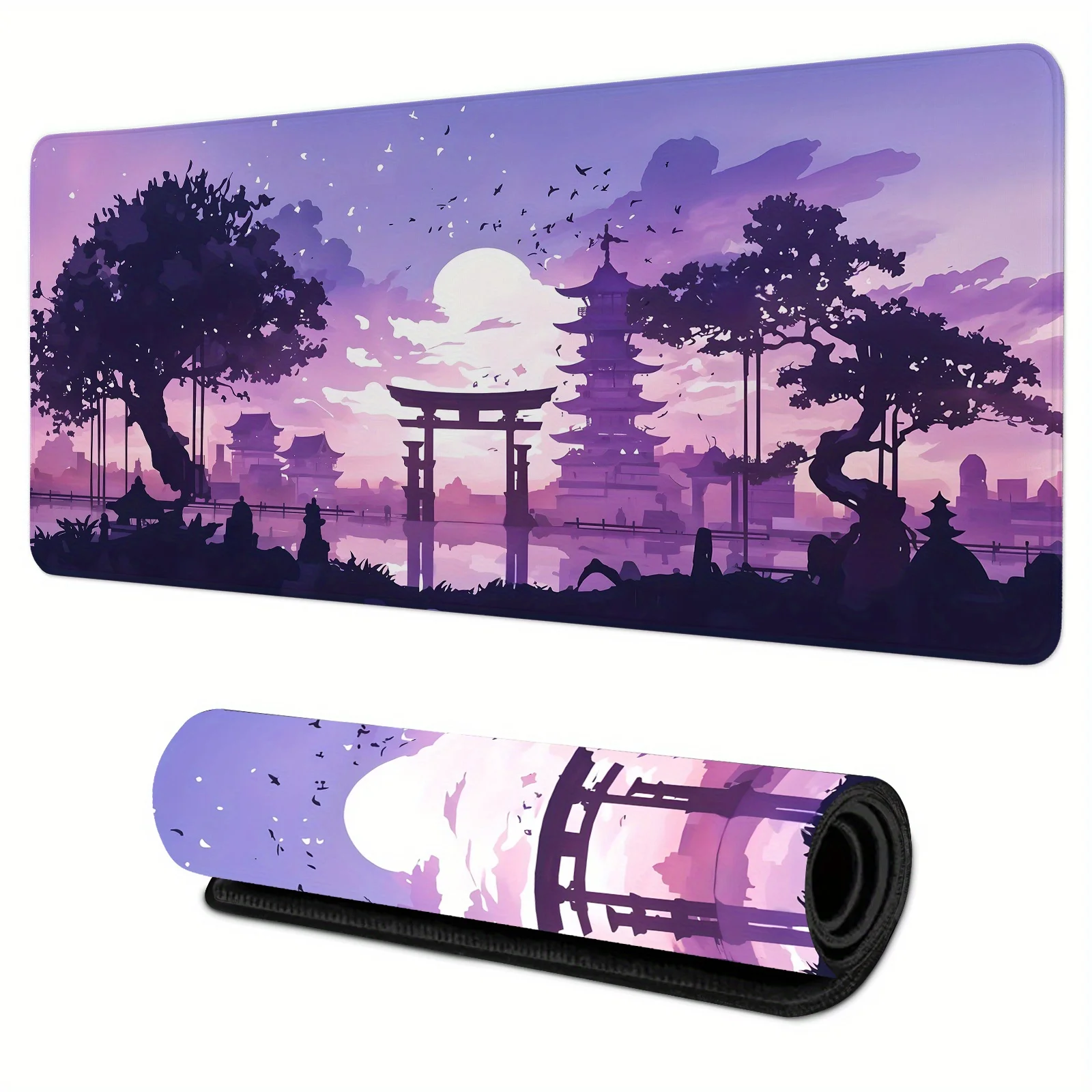 Japanese Torii Gate Large Gaming Mouse Pad Purple Sunset Anime Landscape Non‑Slip Rubber Extended Keyboard Desk Mat for Home 