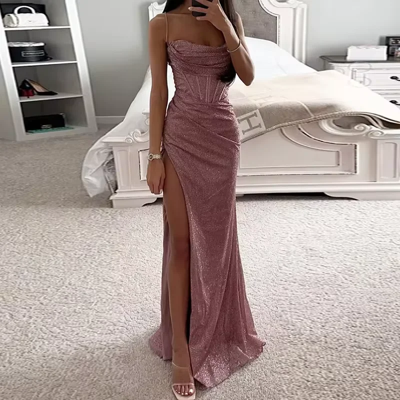 Women Elegant Slim Fit High Slit Backless Long Party Dress, Sexy Club V Neck Sleeveless Dress, Spring Summer 2024 Newest Vestido