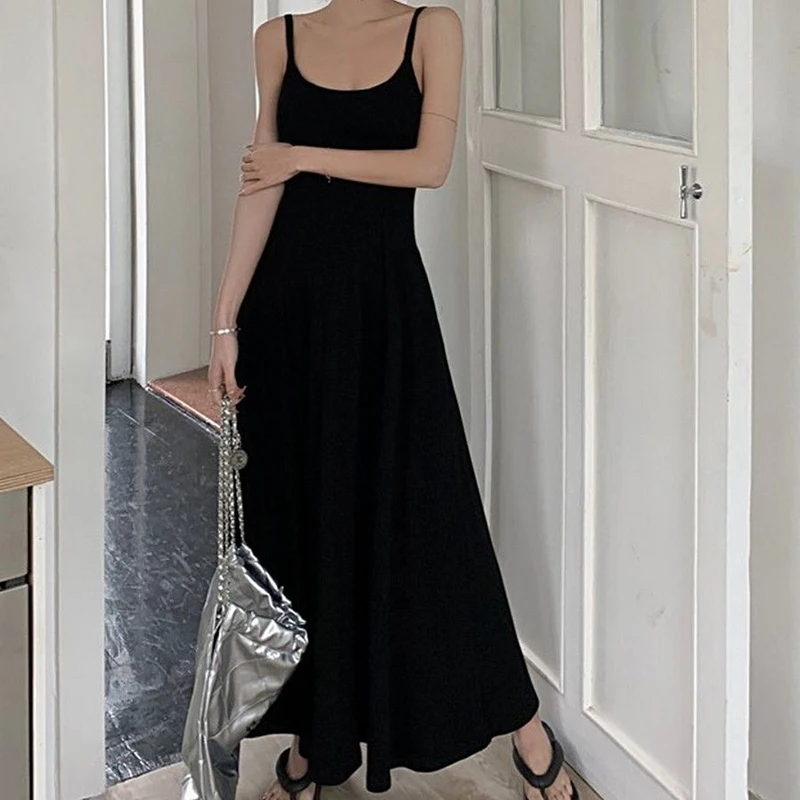 Y2K Sexy Low Collar Spaghetti Strap Dress Women Casual Slim Gray Long Beach Dresses Female Solid Elegant Sleeveless Sundress