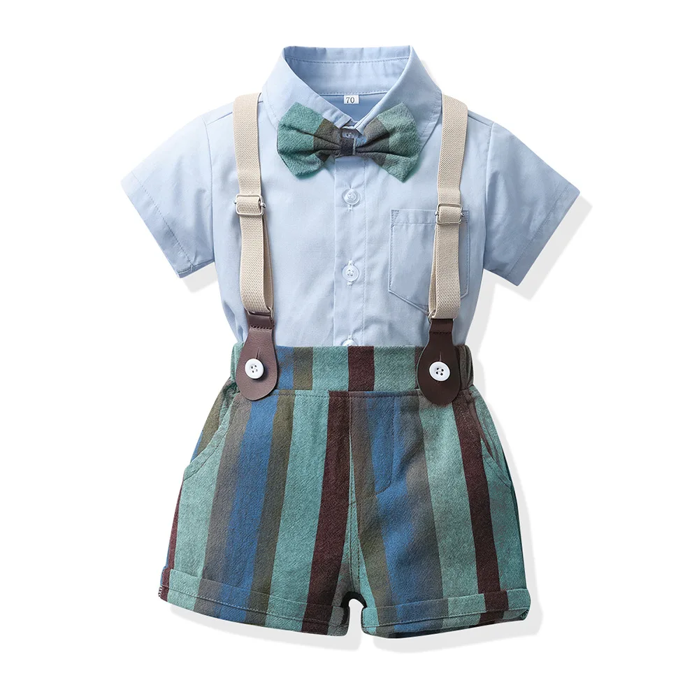 Boys' shorts set cotton short sleeve bow shirt striped peplum backpack shorts middle  older children's suit summer 3-8 years