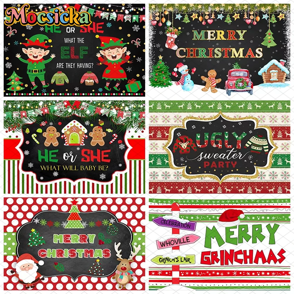 

Mocsicka Merry Christmas Backdrop Photography Kid Baby Shower Boy Girl He She Gender Reveal Background Striped Decoration Banner