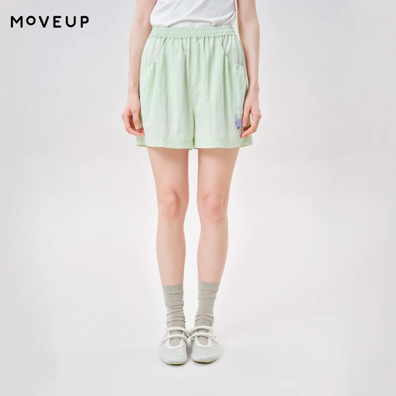 MOVEUP Women's Elastic Waist Casual Shorts Summer Cute Cat Patch Embroidery Side Pockets Loose Lightweight Short Pants 3ELX20146