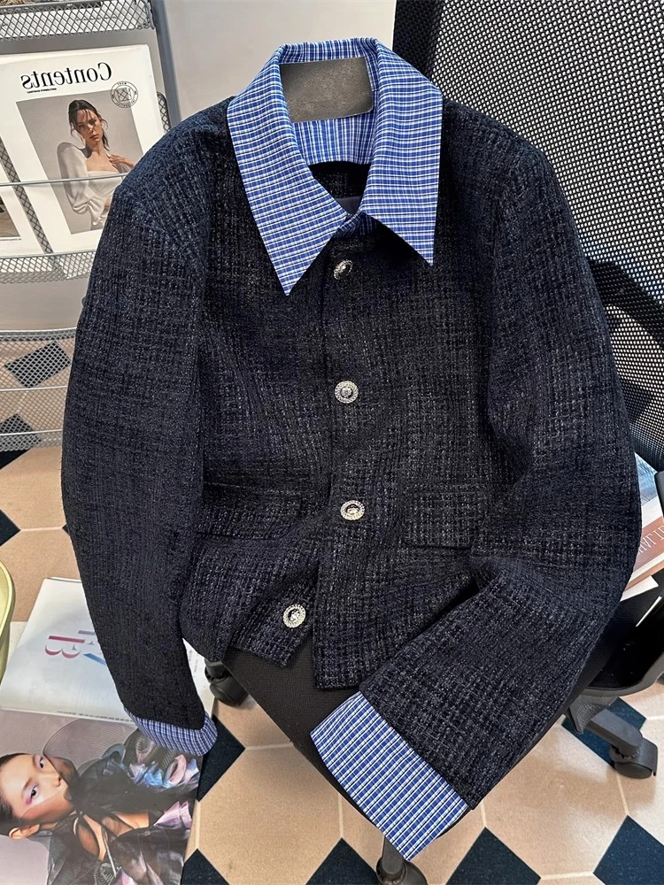 

Casual Spring Autumn Korean Gentle Niche Tweed Cropped Jacket Women Fake 2PCS Plaid Patchwork Cardigan Elegant Chic Coat