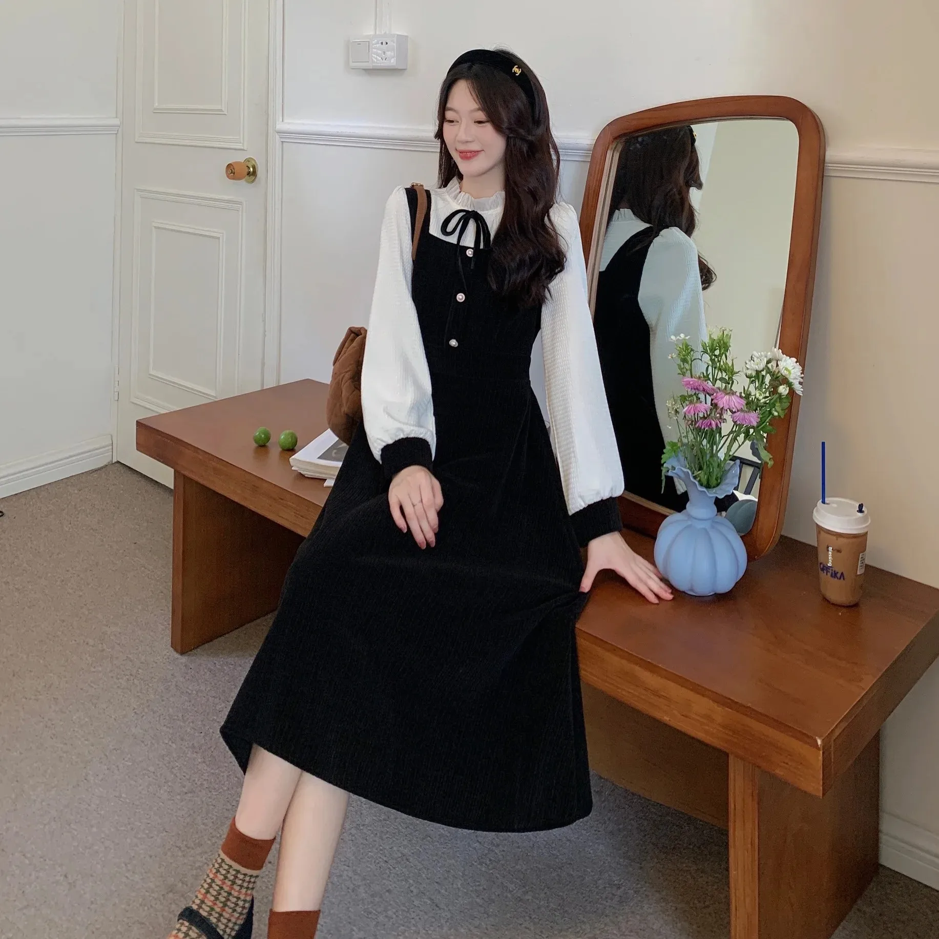 حجم كبير التخسيس النمط الفرنسي ميدي فستان وهمية قطعتين طويلة الأكمام الخريف الشتاء جديد وصول الخصر مقصوص للنساء القصيرة