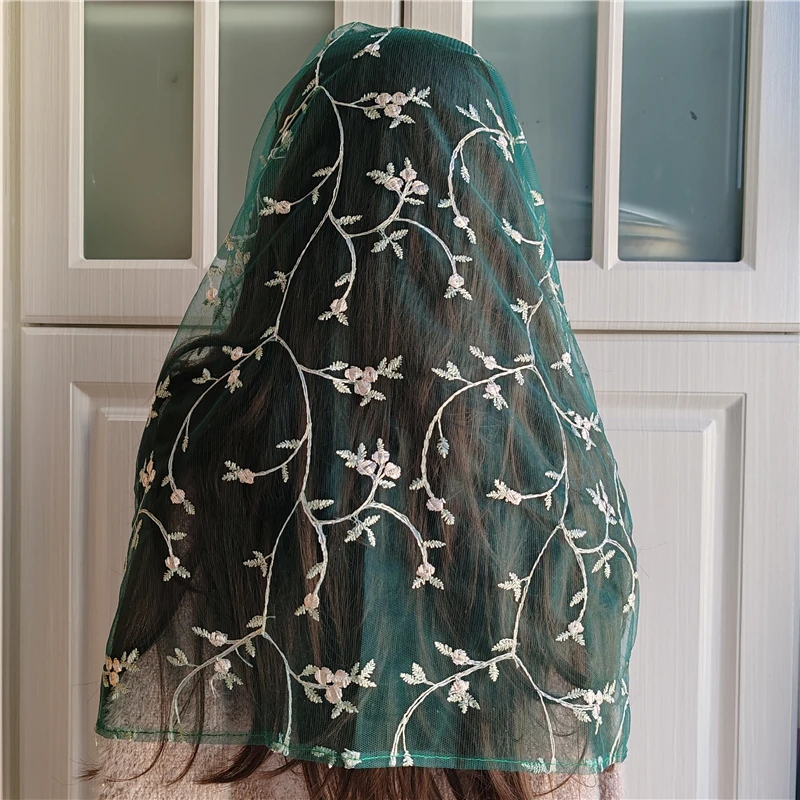 Velos de misa de Mantilla Floral bordados infinitos, cubierta de cabeza de Iglesia de capilla católica, verde, azul marino, gris, rosa, champán para mujer