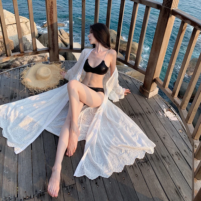 

Women Jacket 2025 Summer Stylish Open Stitch Sun Protection Long Comfort White Hollow Out Female Beach Long Kimono Cardigan Robe