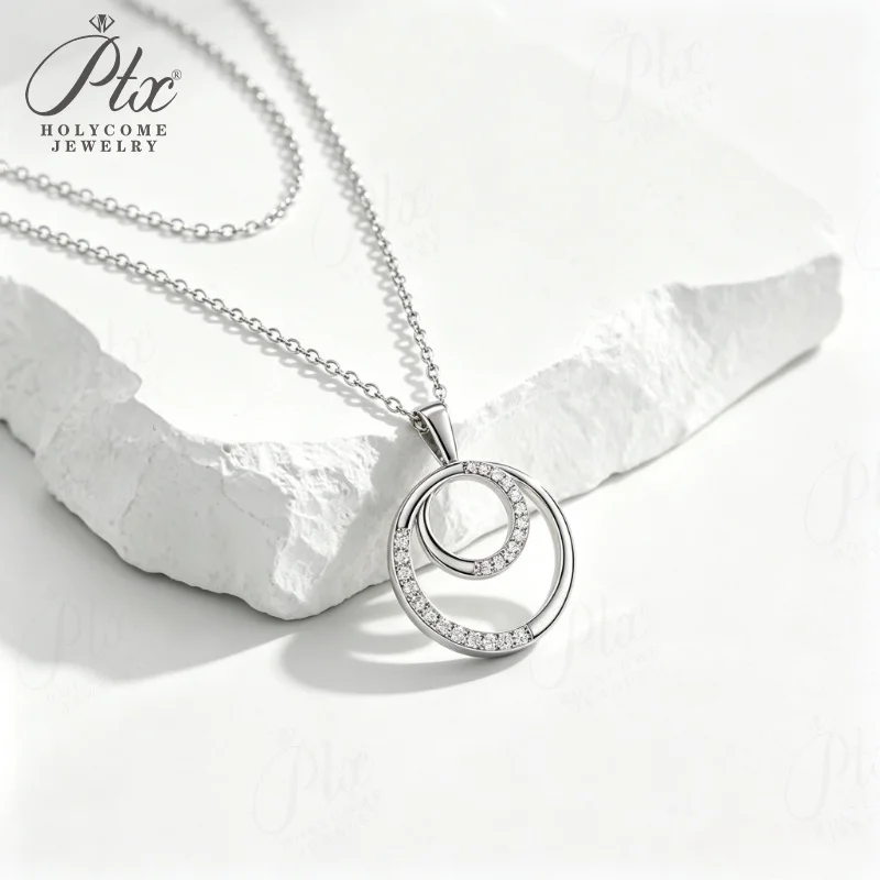 Collar con colgante de doble círculo de moissanita, gargantilla redonda de plata de ley S925 para mujer, joyería fina minimalista, regalo.