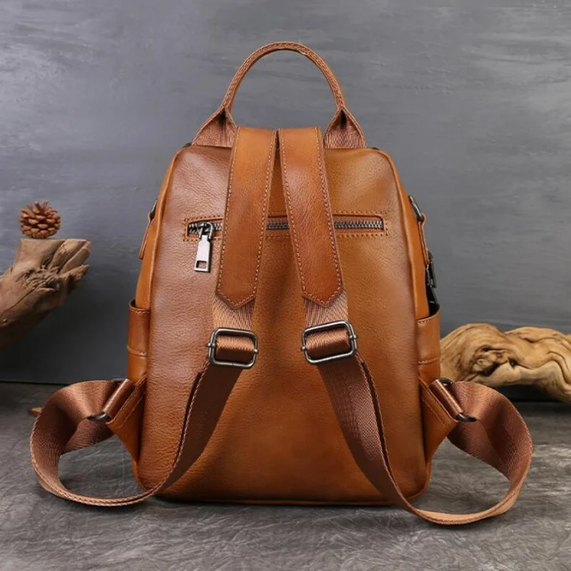 Genuine Leather Pure Color Flap Backpack for Women Versatile Waterproof Commuting Travel Bag Top layer Cowhide Leisure Schoolbag