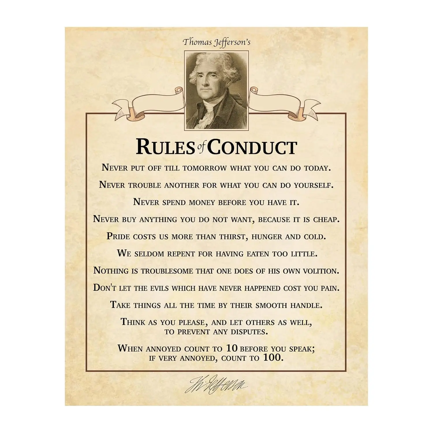 Rules of Conduct - Inspirational Jeffersons Quotes Wall Art Print Motivational Decor For Home Decor, Office Li