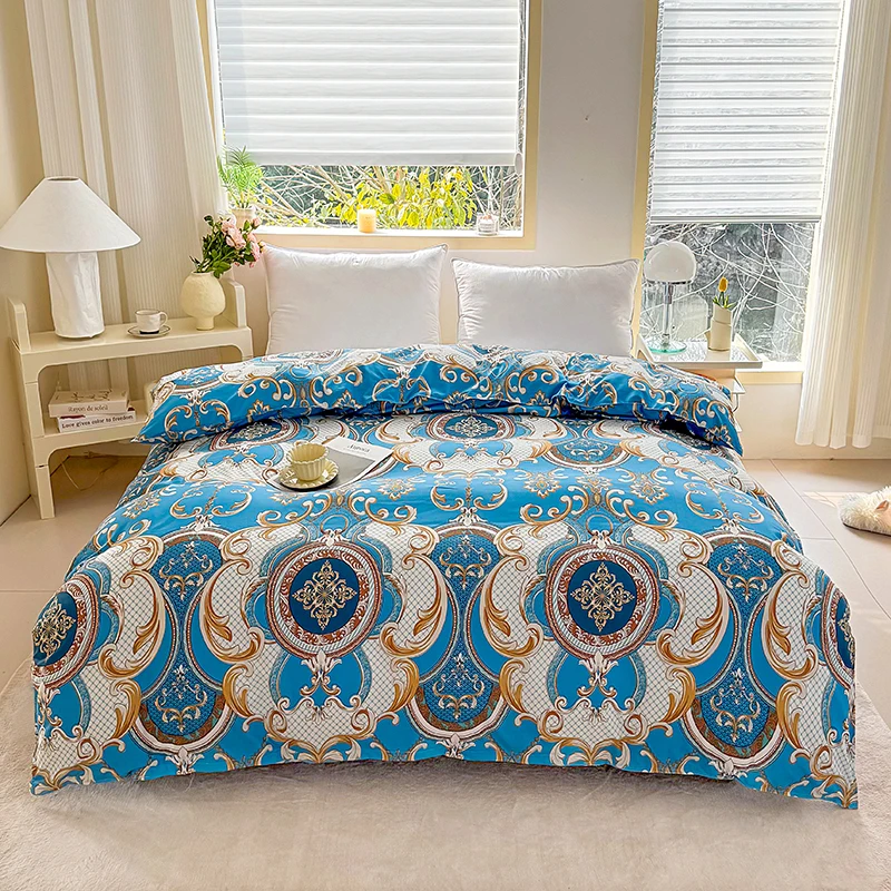 1PC Teal Baroque Print Duvet Cover, Gold & White Ornament Pattern Bedding for Luxury Vintage Bedroom Decor