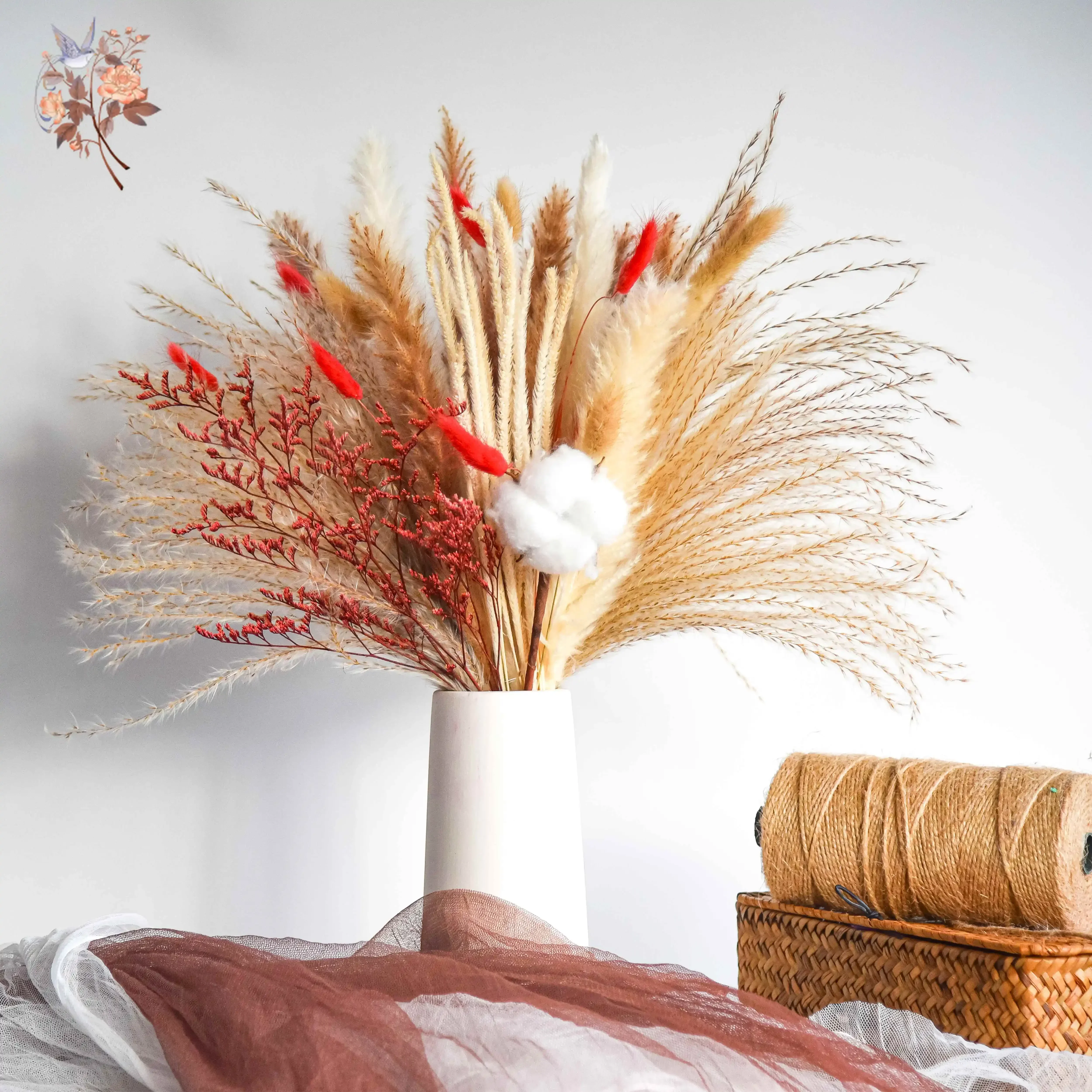 Natural Pampas Grass Bouquet Red Dried Flowers Decor Wedding Floral Arrangement Cotton Reeds DIY Home Bedroom Vase Decoration