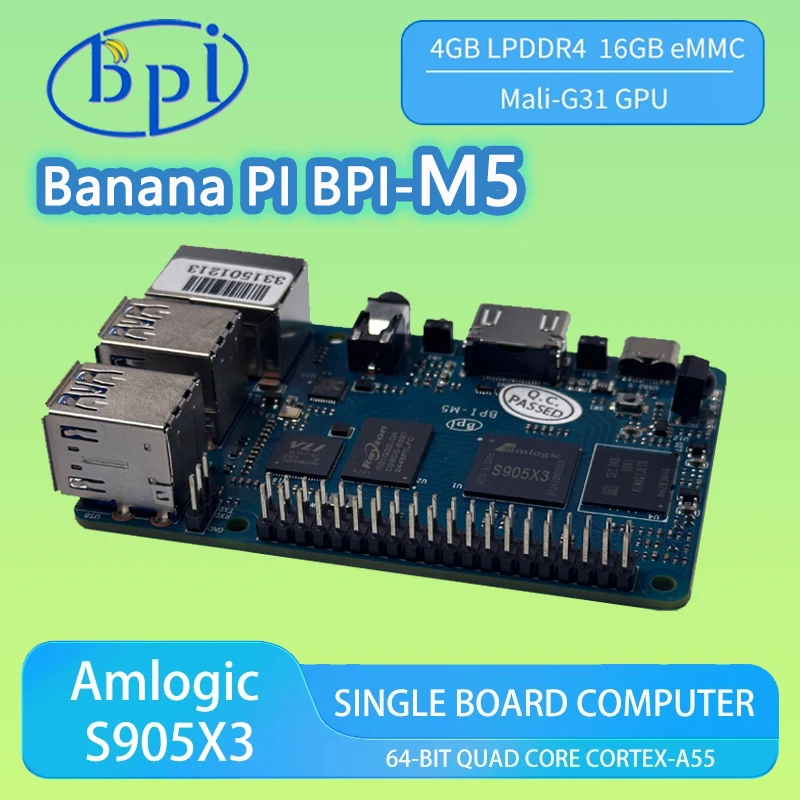 

Banana PI BPI-M5 4GB LPDDR4 RAM 16GB eMMC Amlogic S905X3 Quad Core Cortex-A55 Flash Dev Single Board Support Linux