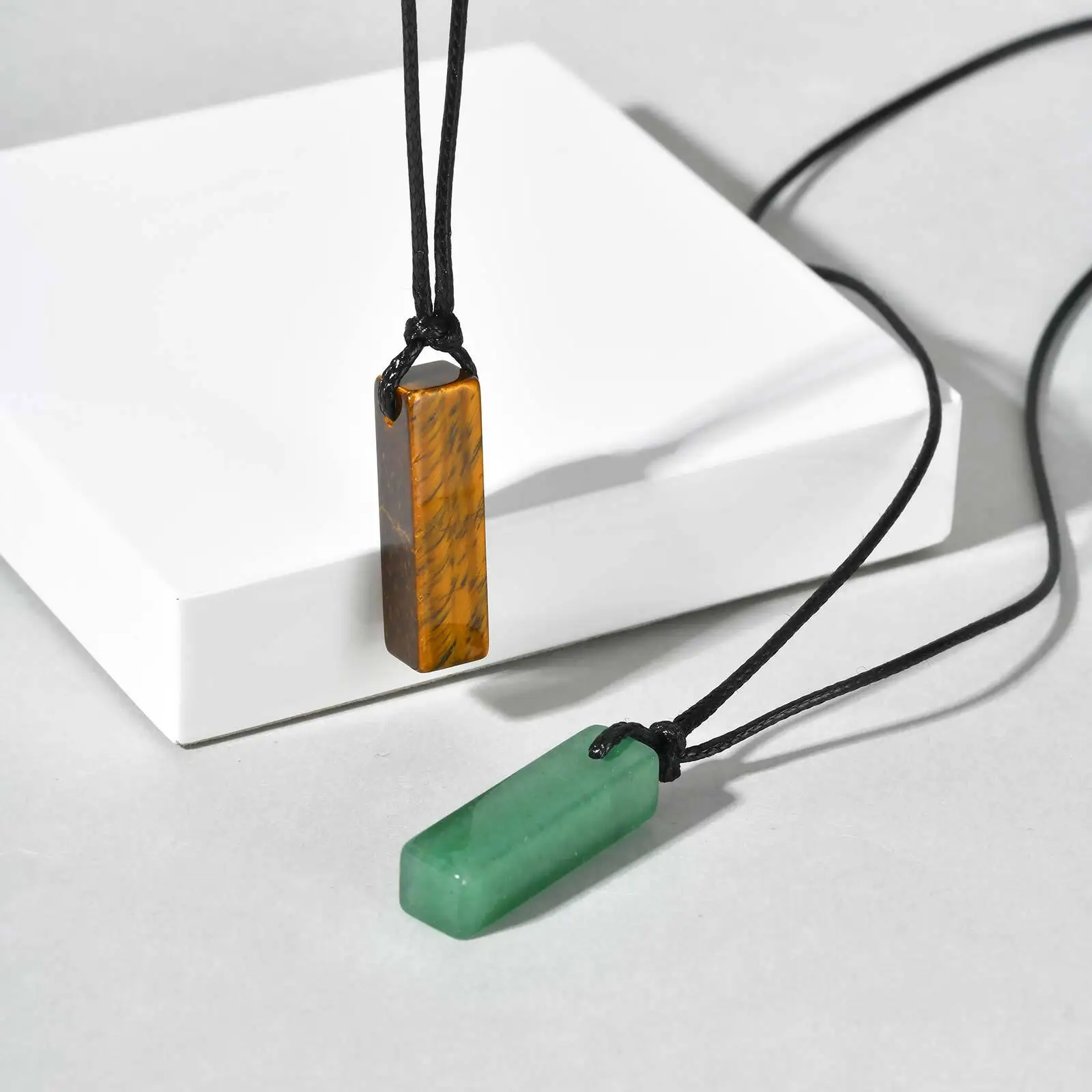 Green Healing Natural Stone Necklace for Men,Cylinder Pendant with Black Leather Long Wax Rope Collar,Sweater Chain Gift