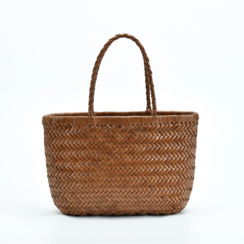 Weave Genuine Leather Handbag Feminine Handmade Woven Bucket  With Cotton Pockets Casual Knitting Leather Shopping Bags