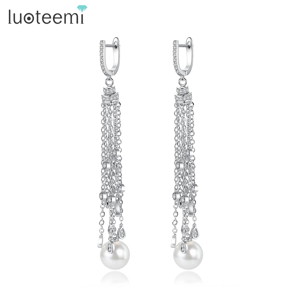 LUOTEEMI Korean Fashion Waterdrop Tassel CZ Pendant Chandelier Dangle Earring For Women Luxury Bridal Imitation Pearl Jewelry