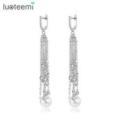 LUOTEEMI Korean Fashion Waterdrop Tassel CZ Pendant Chandelier Dangle Earring For Women Luxury Bridal Imitation Pearl Jewelry