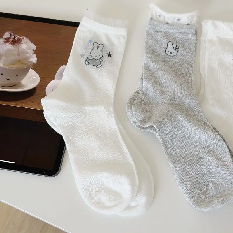 Cute Miffy Crew Socks for Girls, Summer Thin Mesh, White & Gray Cartoon Style view 4