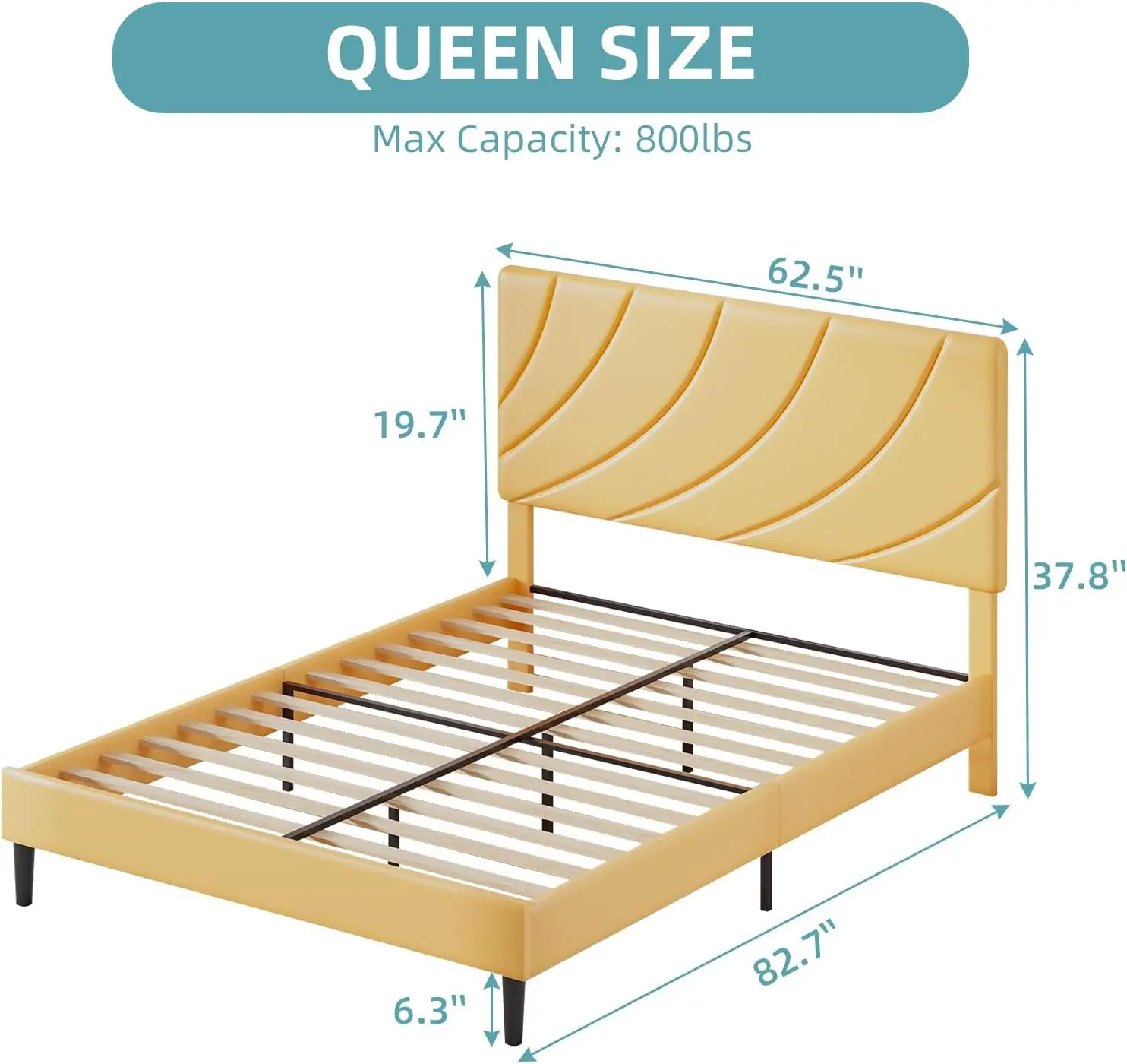 Queen Size Bed Frame, Queen Bed Frame with Shell Headboard, PU Leather Upholstered Bed Frame Queen, Wood Slats Support,