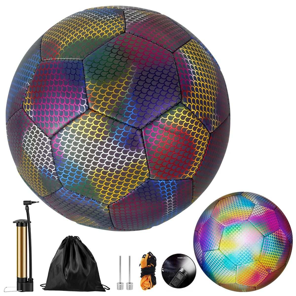 Reflective Football Size 5 Glow in the dark Football with Pump Holographic Light Up Football Soft Touch PVC for Night Training