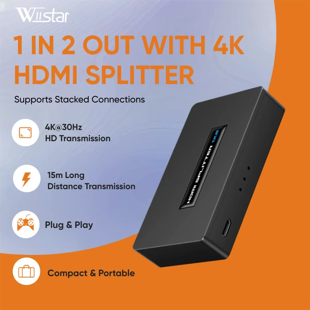 HDMI Splitter 4K HDMI Distribute 1 In 2 Out 4K@30Hz 1080P Audio Video Splitter 1x2 Converter Adapter for PS4 TV Box HDTV DVD