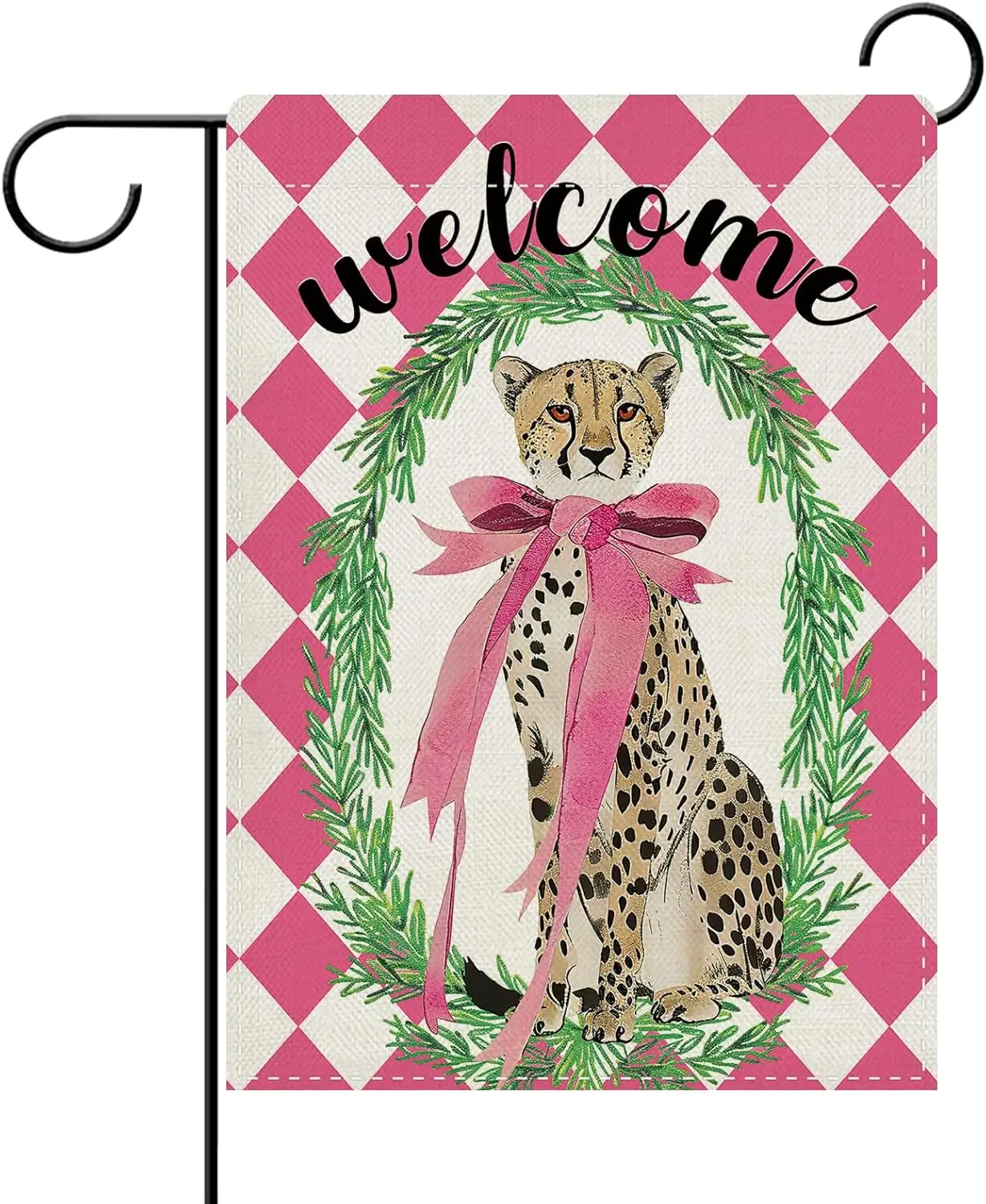 Dyrenson Leopard Welcome Decorative Garden Flag, Jungle Safari Animals Cheetah Pink Bow Argyle Yard Outside Home Decoration, EEZ