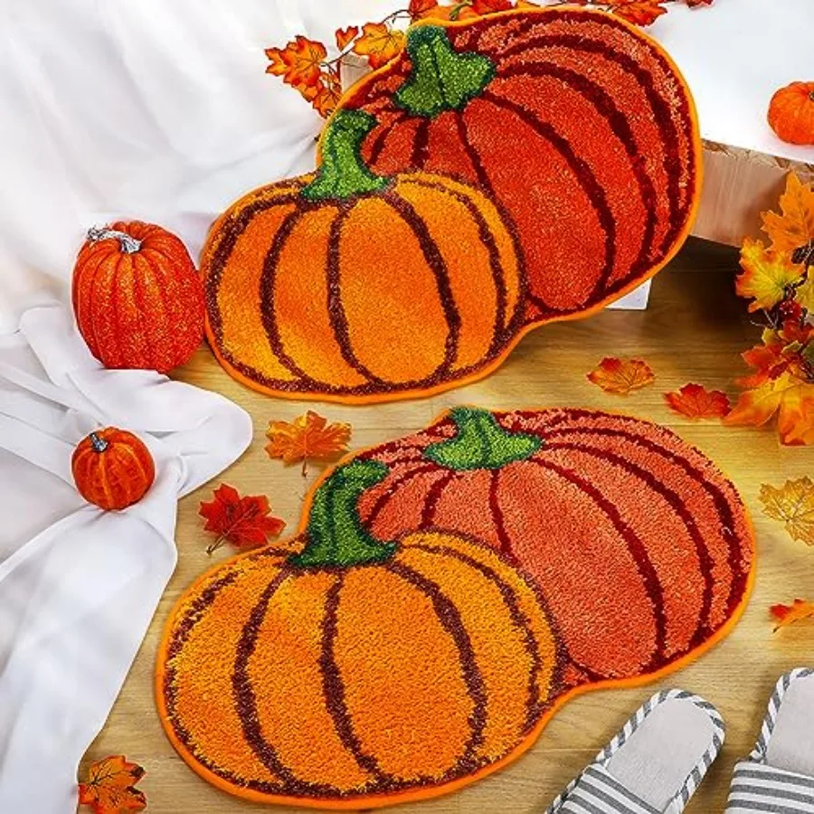 

2 Pcs Thanksgiving Pumpkin Bathroom Rugs Fall Pumpkin Shape Bath Mat Autumn Kitchen Mat Non Slip Doormat Cute Orange Floor Mat