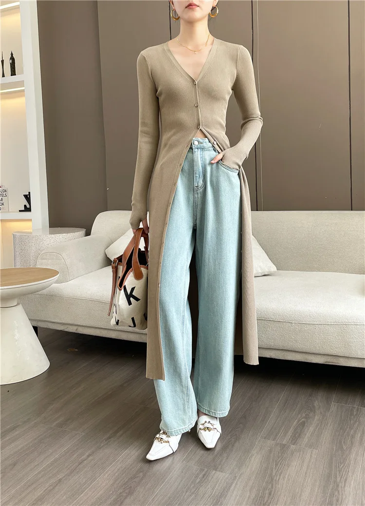 7283 Frühlings-Cardigan mit 14 Nadeln, nicht verformbar, tiefer V-Ausschnitt, Ärmelloch, schmale Passform, Briefbeschwerer, Innenbekleidung, langes Kleid