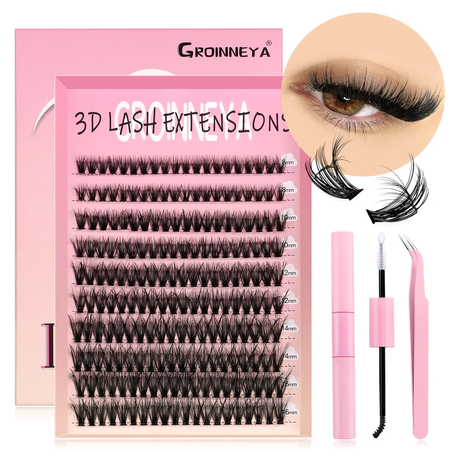 GROINNEYA Lash Clusters Set Individual Eyelashes Cilias Mixed Tray DIY Lashes Extension with Lash Bond and Seal Makeup Set