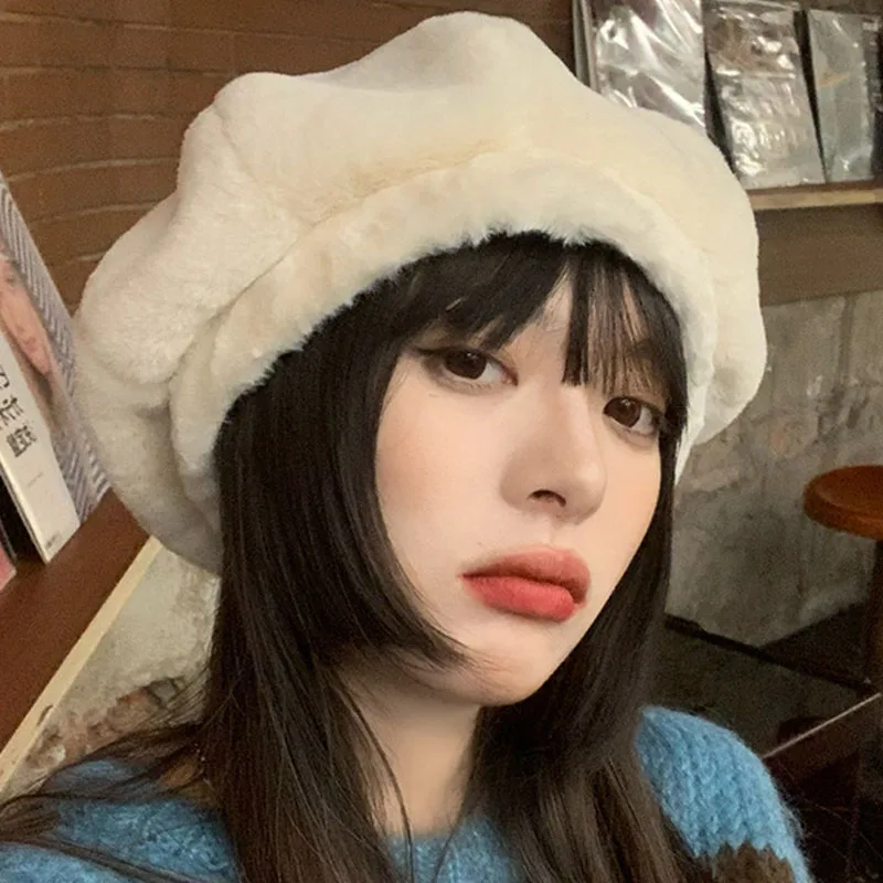 Girls Retro Rabbit Fur Beret Autumn Winter Warm Hat Women Fashion Pure Color Plush Berets Hat Female Elegant Painter Cap Gorras