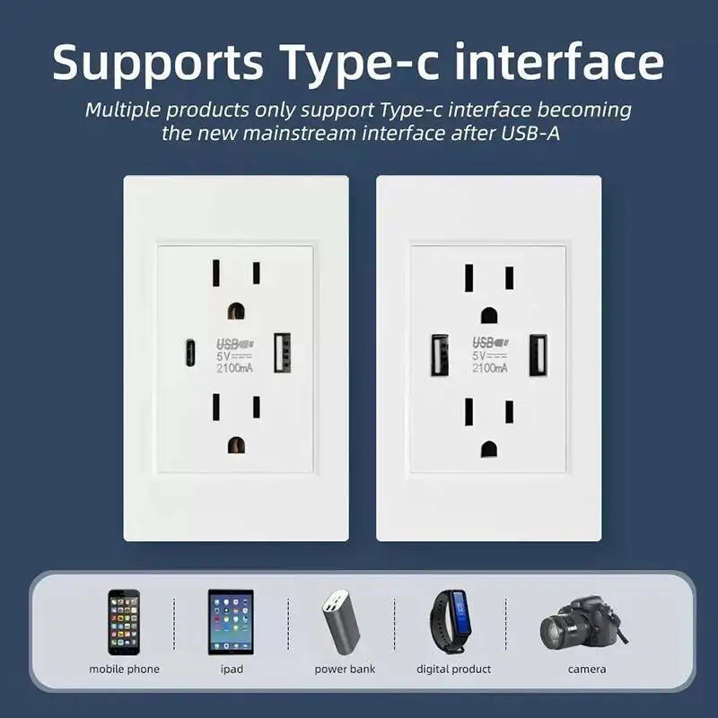 Herepow 118 Series Thailand American Standard Dual USB Wall Socket Smart Home Appliance 2.1A Typec High Quality Plug Adapter