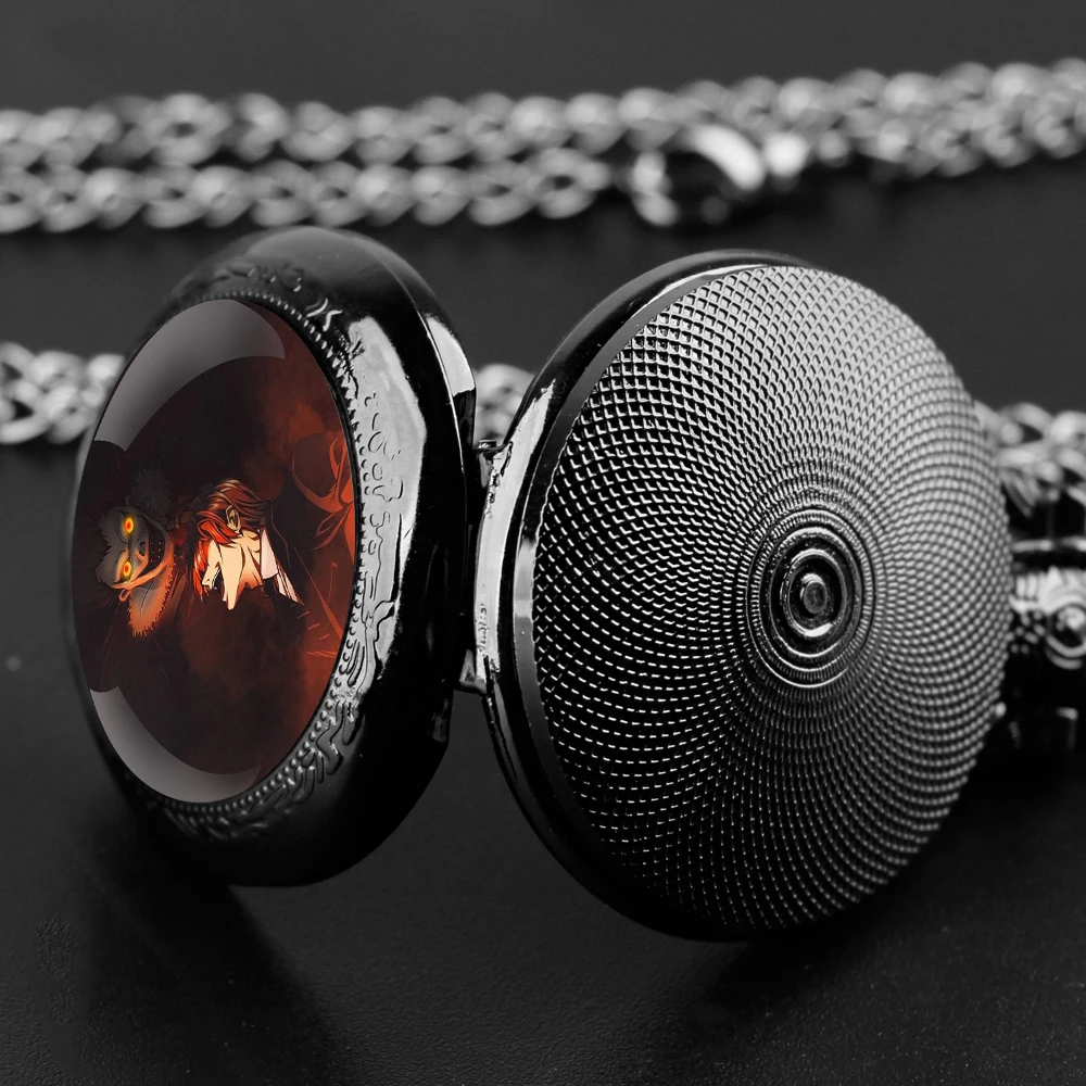 Orologio da tasca al quarzo nero con cupola in vetro Death Note con quadrante con numeri arabi e catena resistente, regalo per uomini e donne