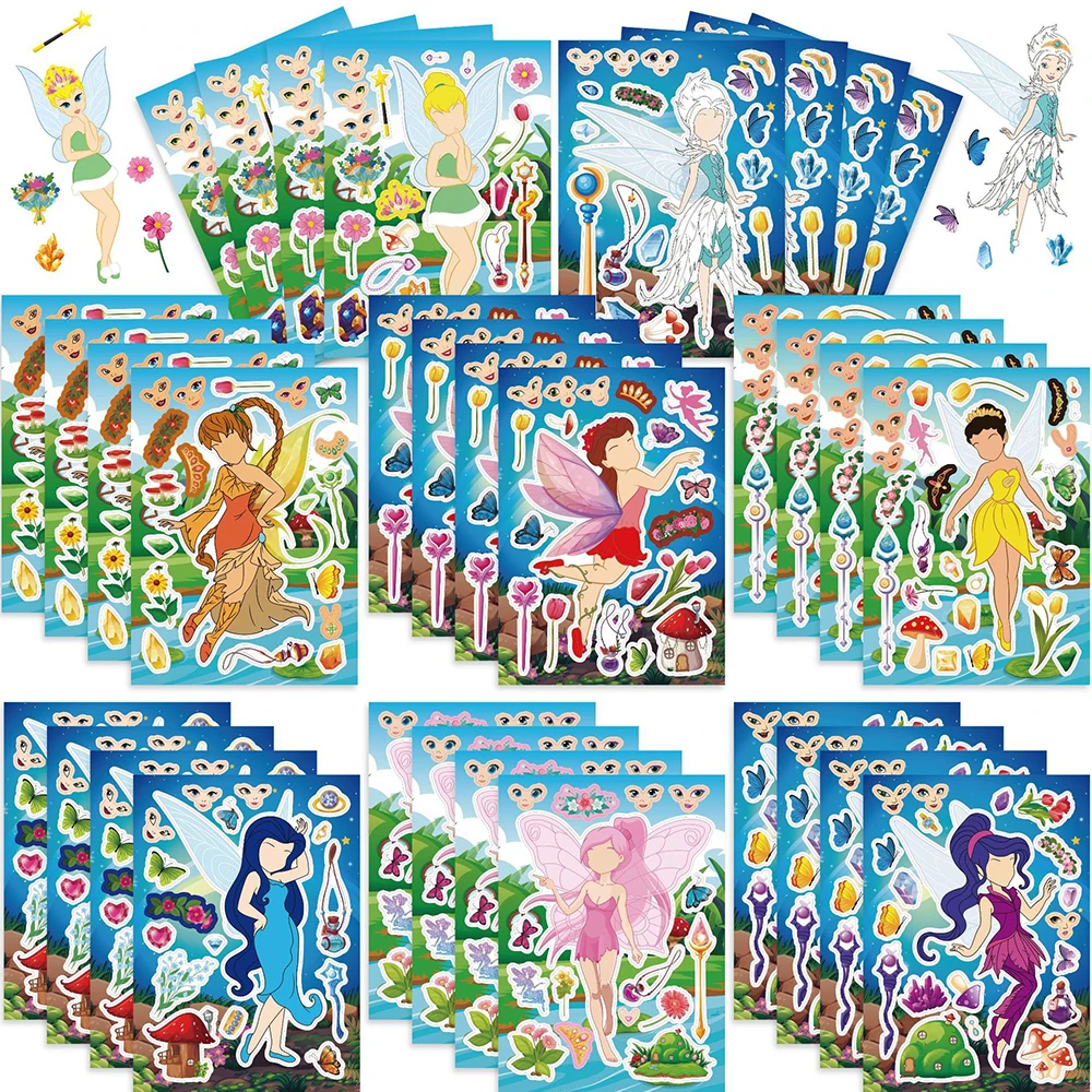 8/16 Vellen Disney Cartoon Tinker Bell Puzzel Stickers Make-A-Face Kinderen Diy Assembleren Puzzel Speelgoed Voor Meisjes Party Game Geschenken