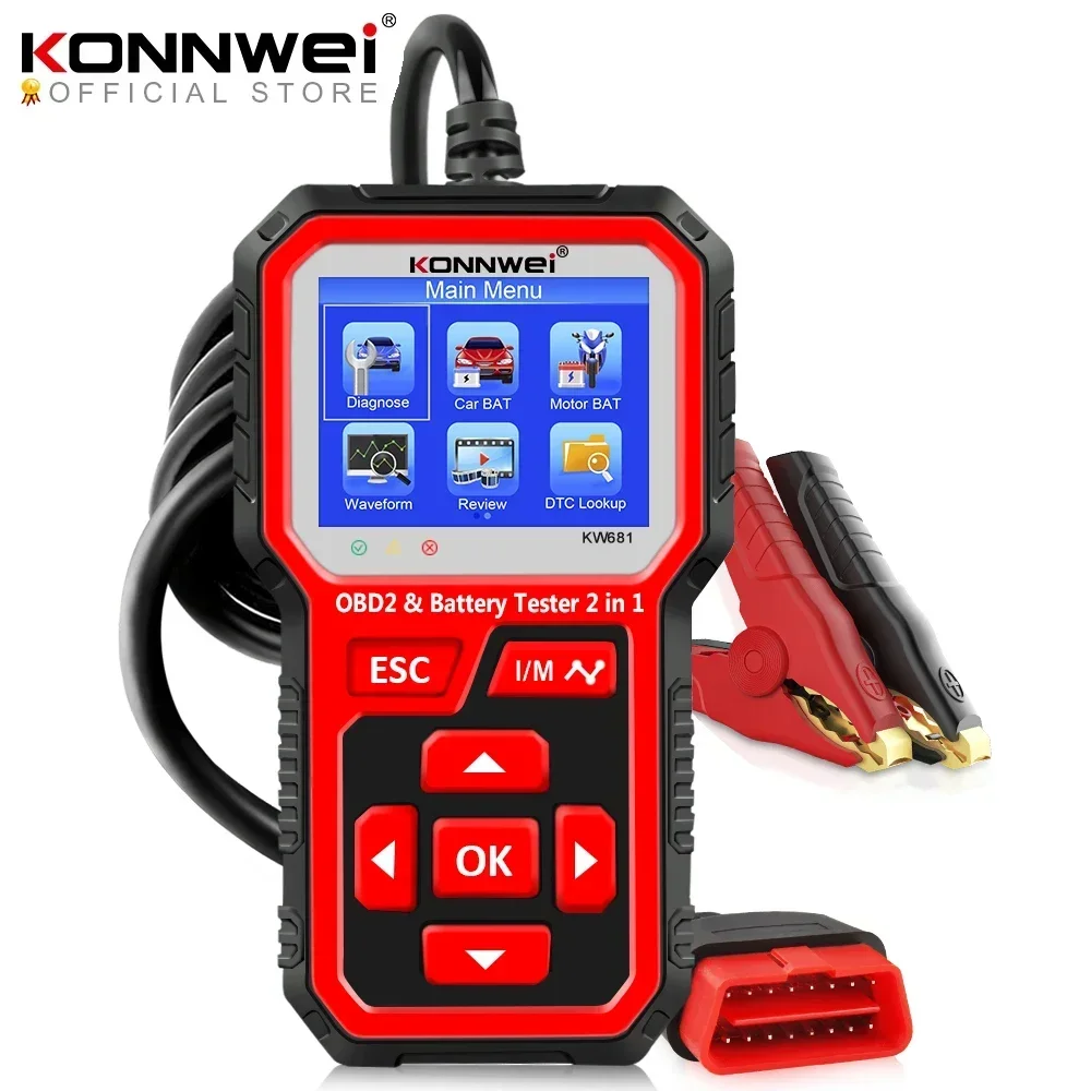 

KONNWEI KW681 6V 12V Car Motorcycle Battery Tester Obd 2 Auto Diagnostic Tool 2 in1 2000 CCA Car Diagnostics Obd2 Scanner