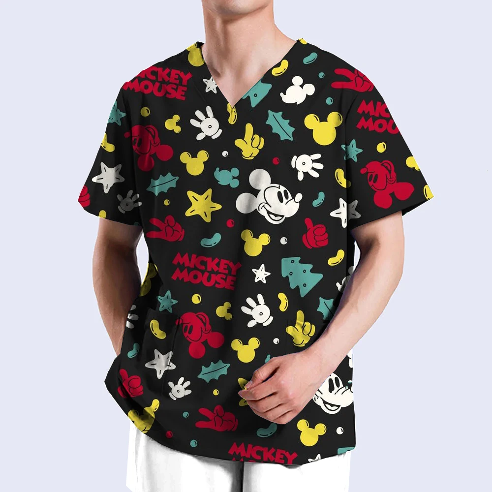 Women Men Blouse For Doctor Surgical Medical Uniform Disney Mickey Mouse Print Pharmacy Clothes Hospital Nurse Accessories Scrub