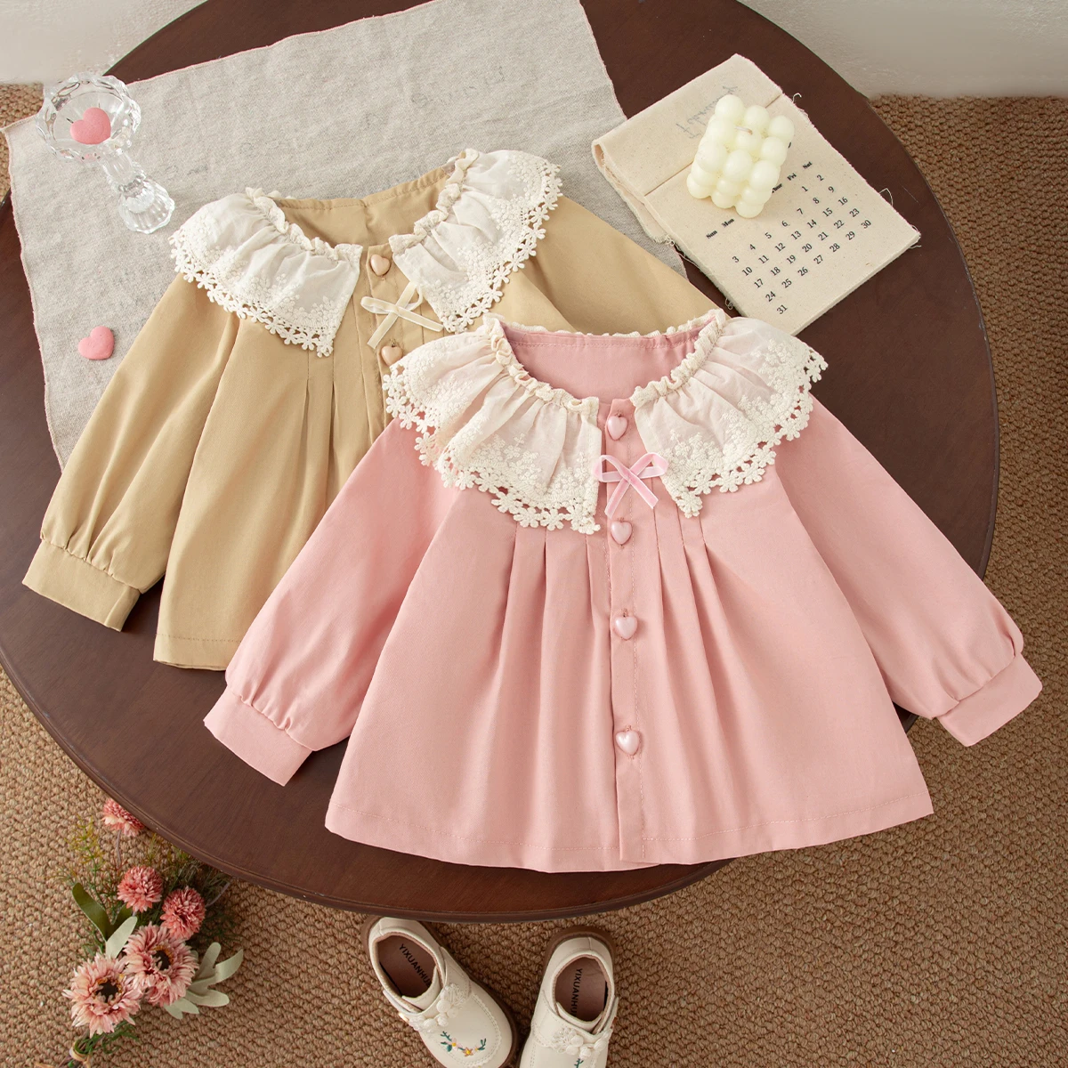Solid Color Baby Girl Autumn Long Sleeved Cotton Soft Coat Korean Style Trend Sweet Bow Lace Spliced Doll Collar Tops