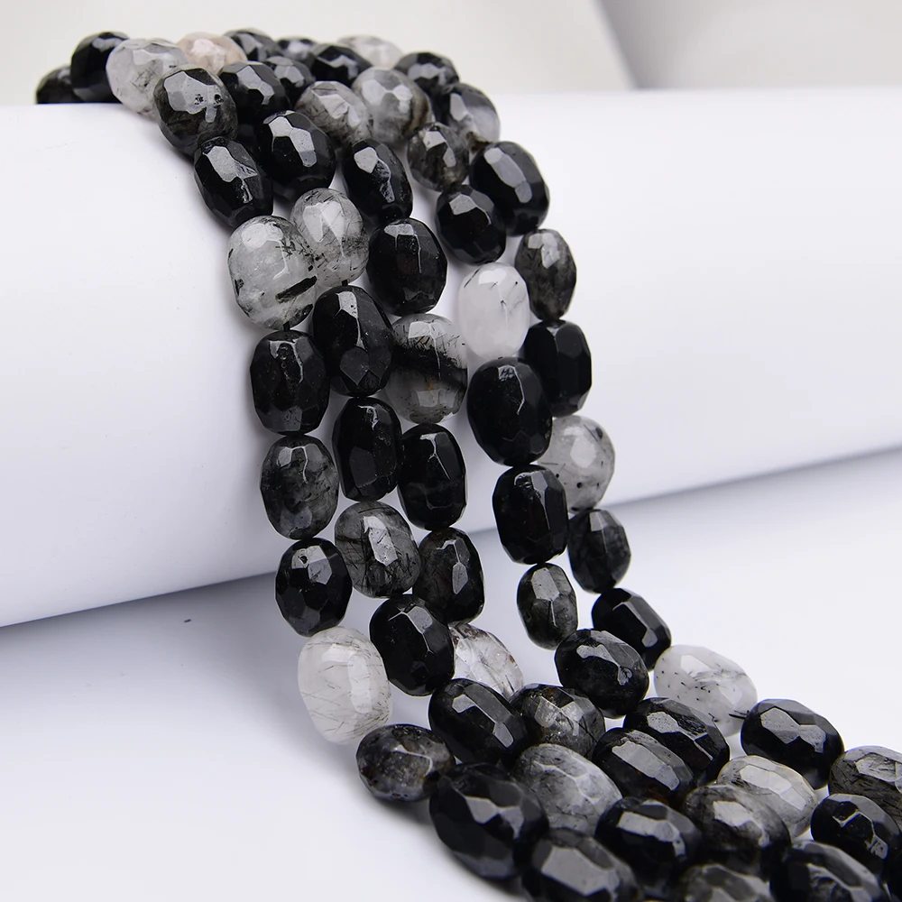 APDGG Natural Black Rutilated Quartz Faceted Nugget Loose Beads 15.5