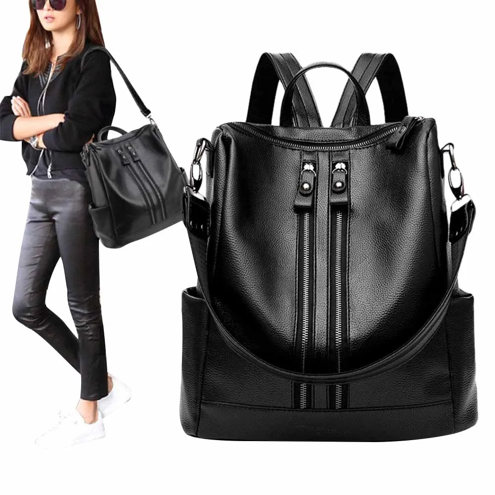 Women's Fashion Black Leather Backpack Multi-Pocket Large Capacity Soft Leisure Bag for Outdoor Travel