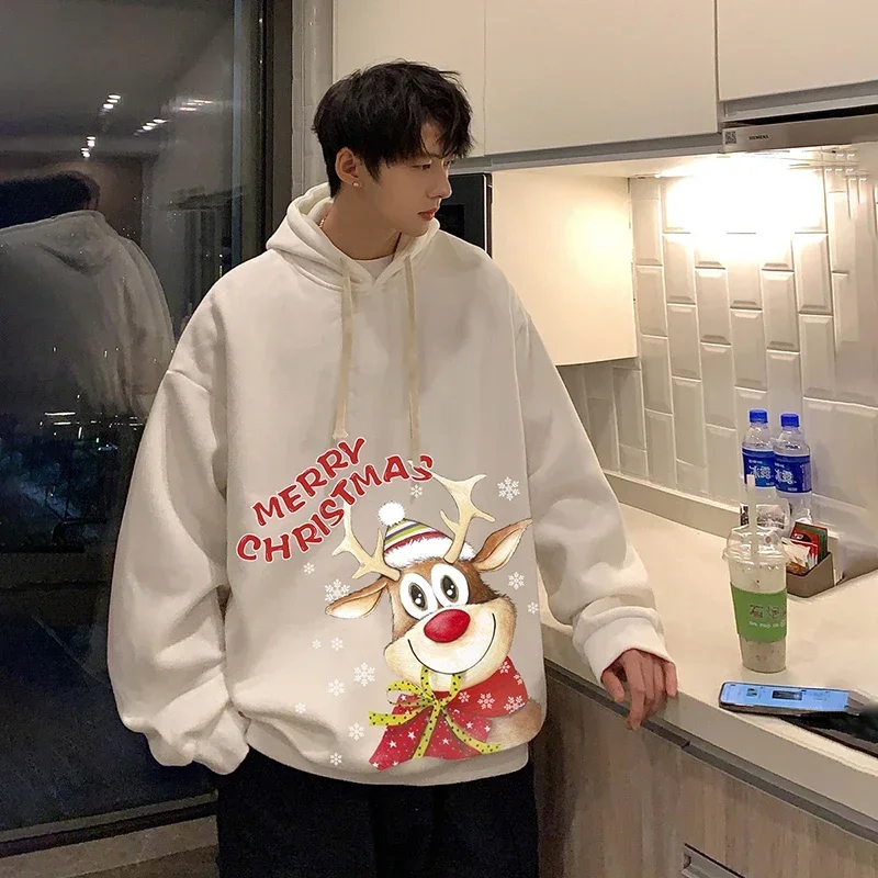 Men's Oversized Hoodie Off White 5XL Christmas Deer Print Hoodies with Hat Over Size for Men Casual Wear Male Sweatshirt