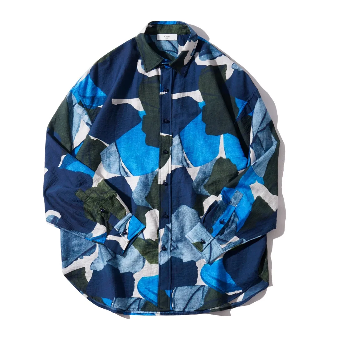 Blue lyocell retro Japanese-style versatile Hawaiian port style loose men's Baroque long-sleeved floral shirt