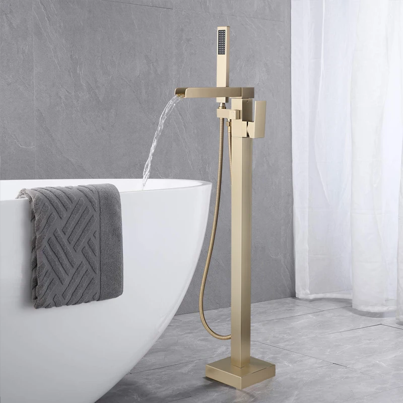 Kemaidi Vrijstaande Badkuip Kraan Filler High Flow Waterval Badvuller Geborsteld Goud Bad Kranen Met Hand Douchekraan