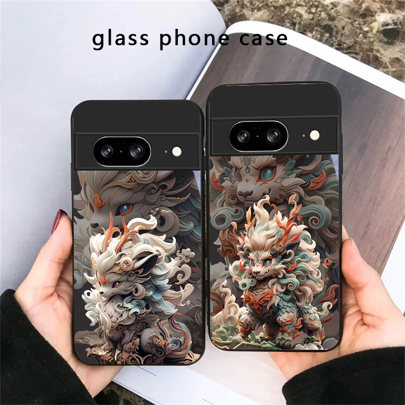 Kirin with flowing hair For Google Pixel 8 7 9 10 Pixel 10 Pro XL Pixel 9 Pro XL Pixel 8a 7a Pixel 7 Pro Black Glass Phone Case