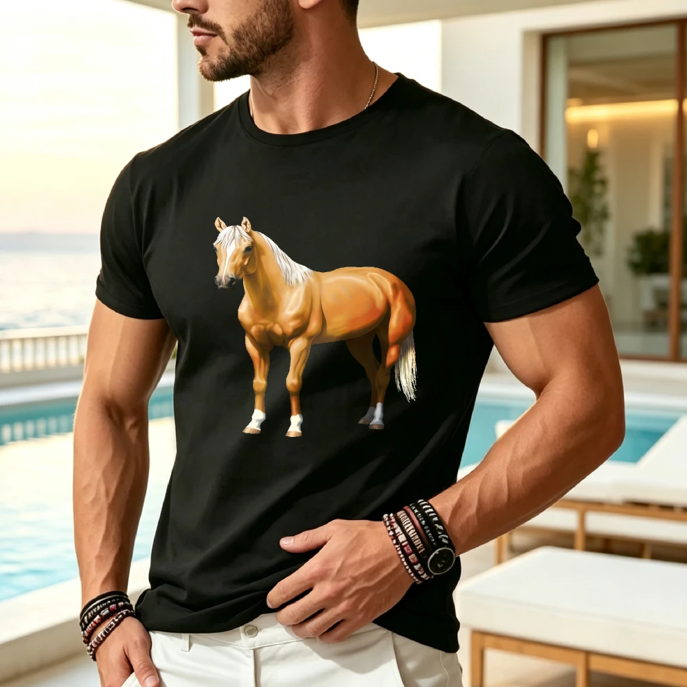 Camiseta con estampado de Caballo Palomino, Regalo Festivo, Gran Éxito, Muchos elogios, Adecuada para Hombres, Unisex, Papá, Familia, Madre, Amigos, 180G, Cuello Redondo, Negra, Camiseta Casual de Manga Corta con Cuello Redondo y Estampado